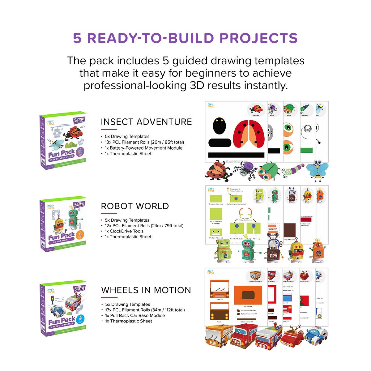 5 READY-TO-BUILD PROJECTS

The pack includes 5 guided drawing templates that make it easy for beginners to achieve professional-looking 3D results instantly.

**INSECT ADVENTURE Fun Pack**
- 5x Drawing Templates
- 13x PCL Filament Rolls (26m / 85ft total)
- 1x Battery-Powered Movement Module
- 1x Thermoplastic Sheet

**ROBOT WORLD Fun Pack**
- 5x Drawing Templates
- 12x PCL Filament Rolls (24m / 79ft total)
- 1x ClockDrive Tools
- 1x Thermoplastic Sheet

**WHEELS IN MOTION Fun Pack**
- 5x Drawing Templates
- 17x PCL Filament Rolls (34m / 112ft total)
- 1x Pull-Back Car Base Module
- 1x Thermoplastic Sheet