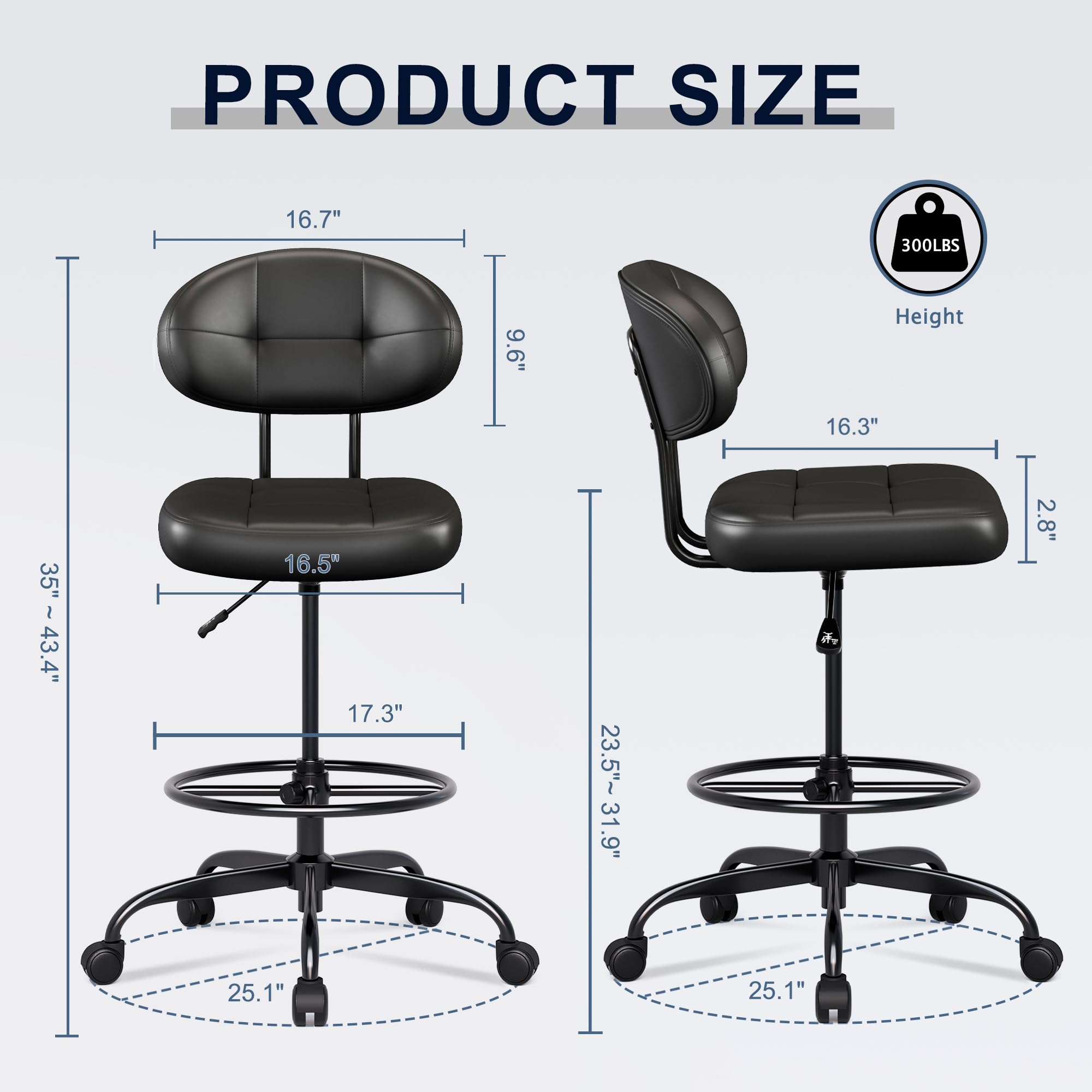 PRODUCT SIZE

- Height: 16.7"
- Seat Height: 9.6"
- Seat Depth: 16.5"
- Back Height: 16.3"
- Armrest Height: 2.8"
- Base Diameter: 25.1"
- Overall Height: 35" - 43.4"
- Overall Width: 23.5" - 31.9"
- Weight Capacity: 300LBS