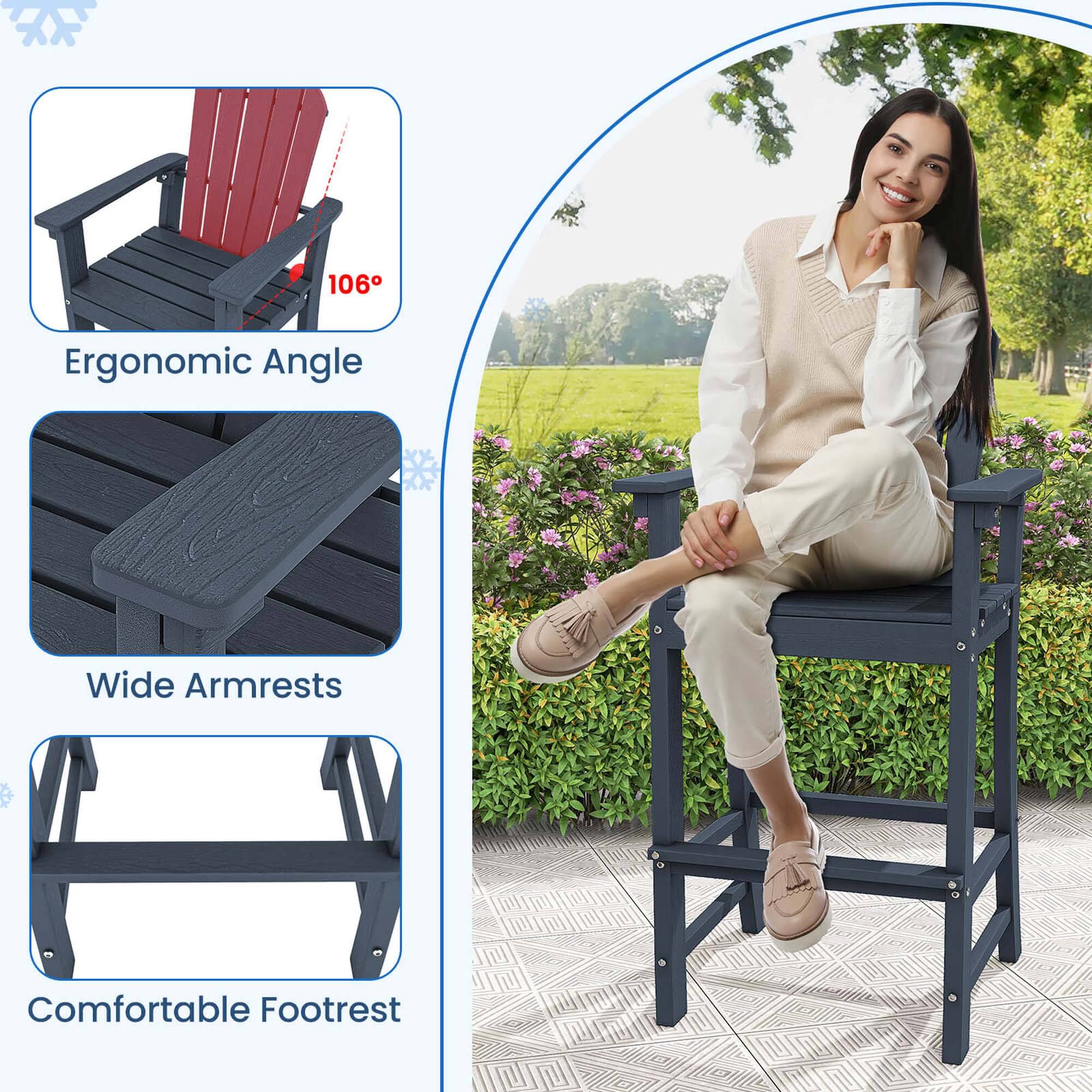 The text on the image reads: "106 Ergonomic Angle Wide Armrests Comfortable Footrest."