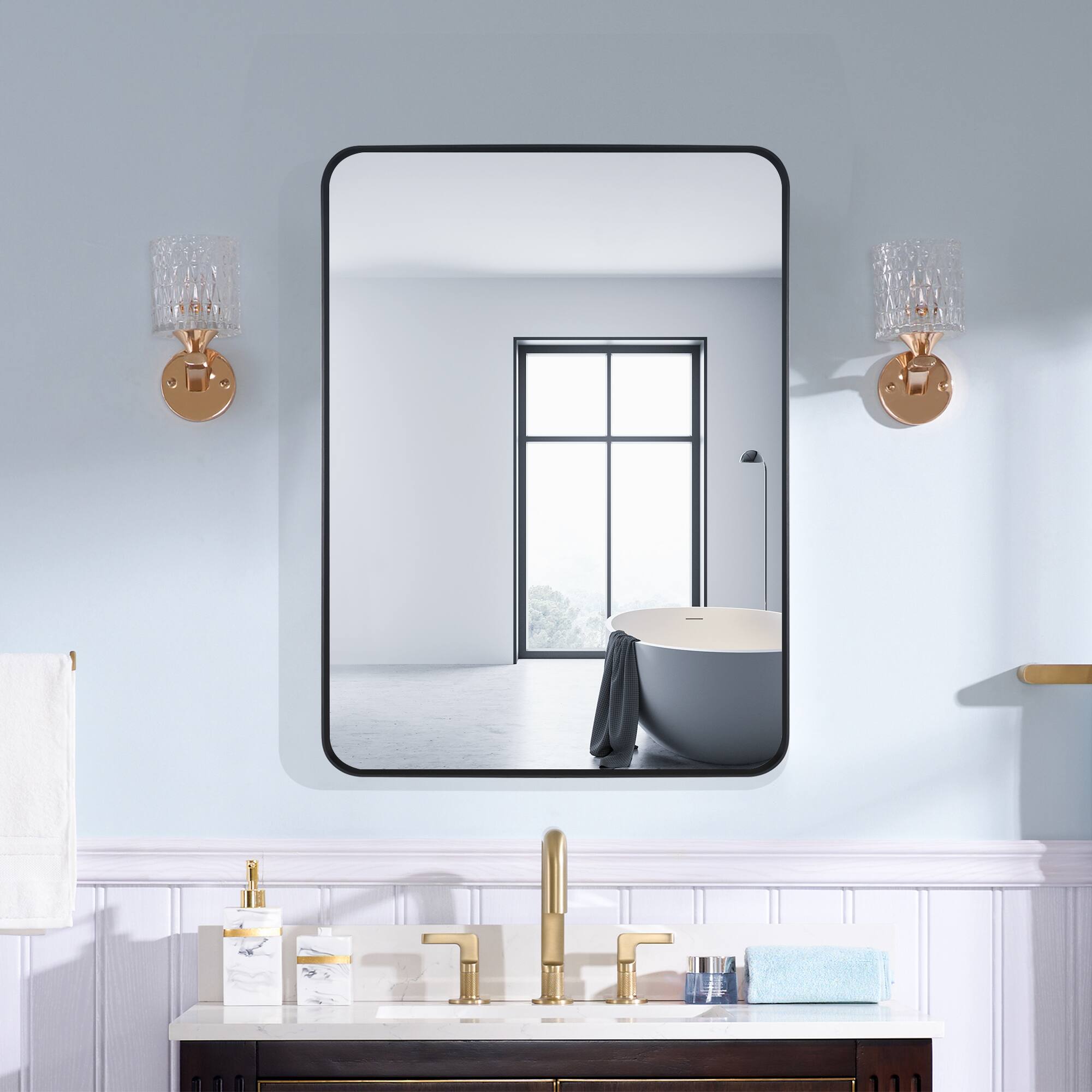 Angle. WELLFOR - 24 in. W x 32 in. H Rectangular Aluminum Framed Wall-Mounted Bathroom Vanity Mirror - Matte Black.