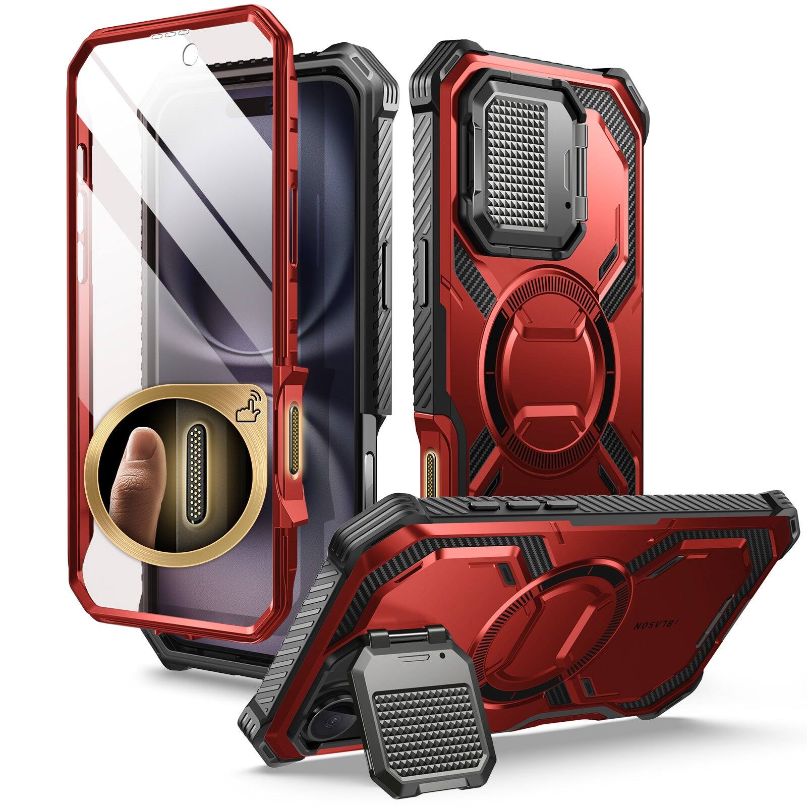 Angle. i-Blason - i-Blason Armorbox Case for iPhone 16 – MagSafe, Kickstand, Screen Protector, Military-Grade - Metallic Red.