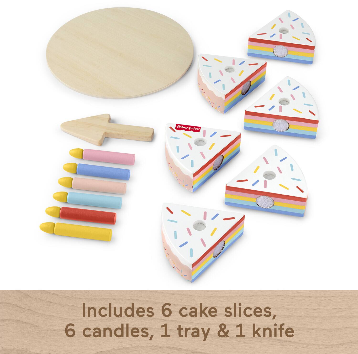 fisher-price

Includes 6 cake slices, 6 candles, 1 tray & 1 knife