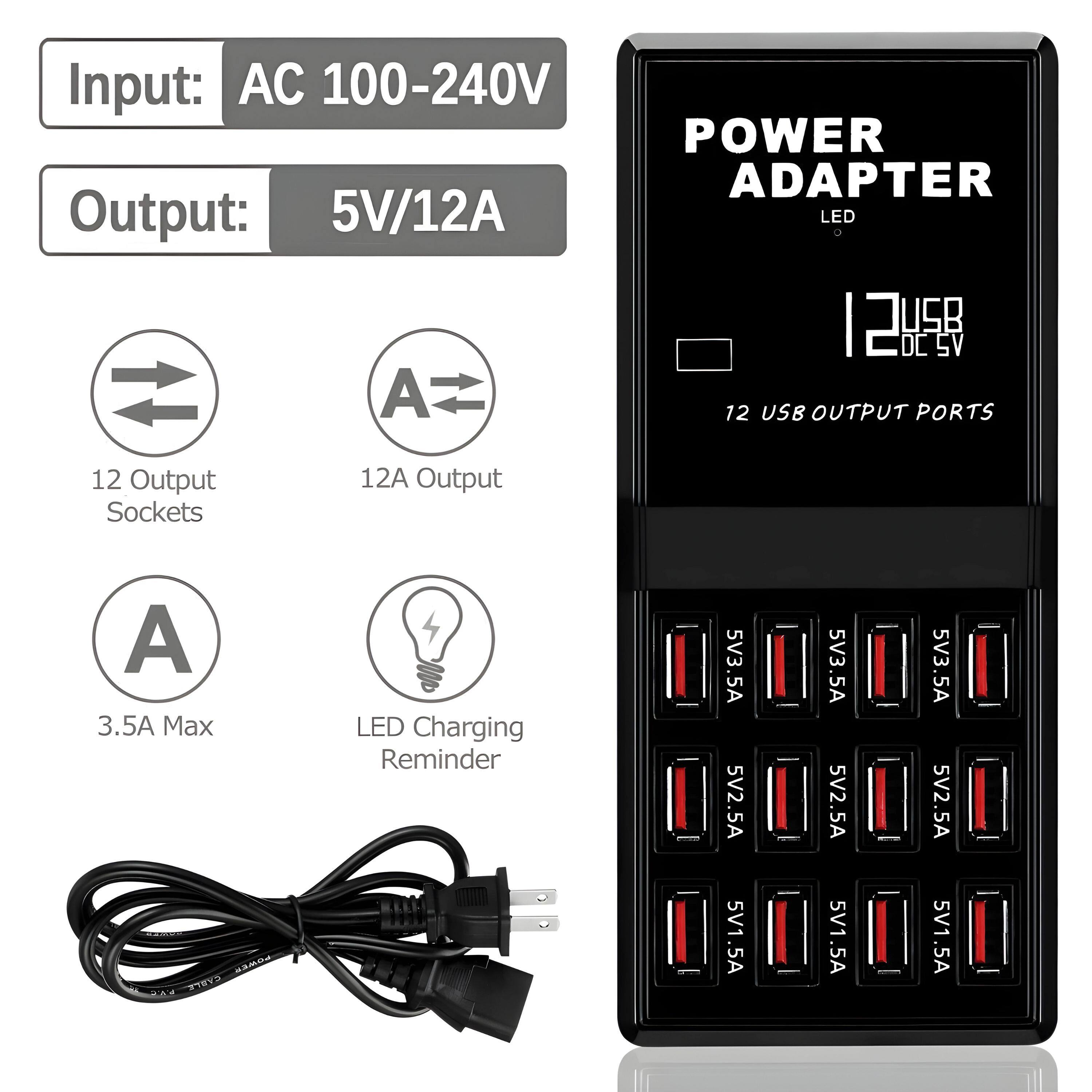 Input: AC 100-240V  
Output: 5V/12A  

12 Output Sockets  
12A Output  
3.5A Max  
LED Charging Reminder  

POWER ADAPTER  
LED  
12 USB OUTPUT PORTS  

5V3.5A  
5V2.5A  
5V1.5A  
5V3.5A  
5V2.5A  
5V1.5A  
5V3.5A  
5V2.5A  
5V1.5A