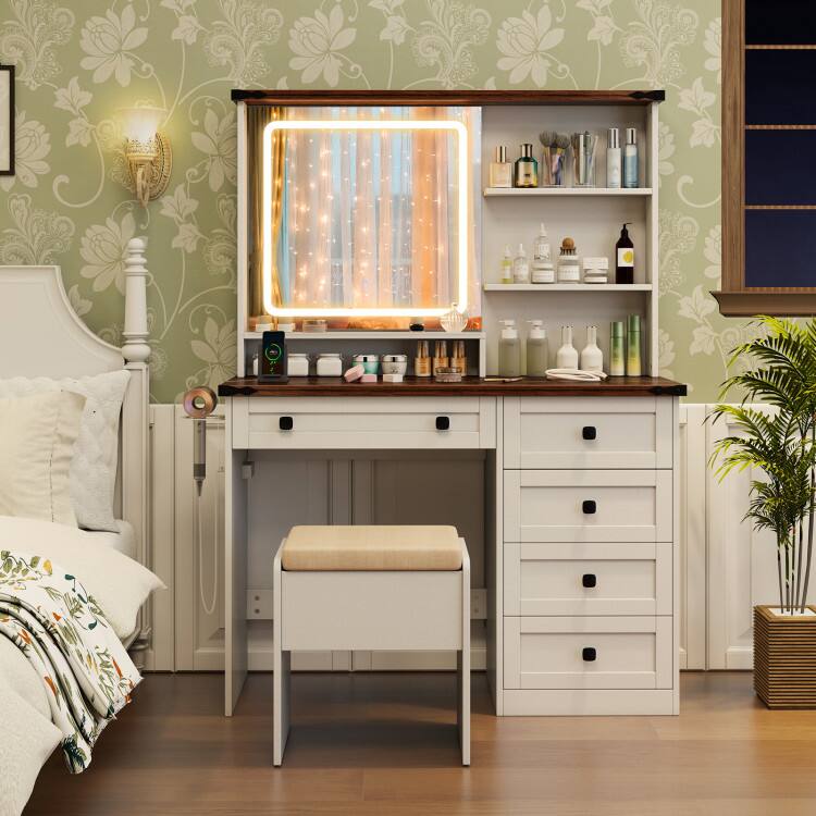 Left. SlickBlue - 3-Color Lighted Mirror Vanity Set in Farmhouse Style - White, Dark Brown.