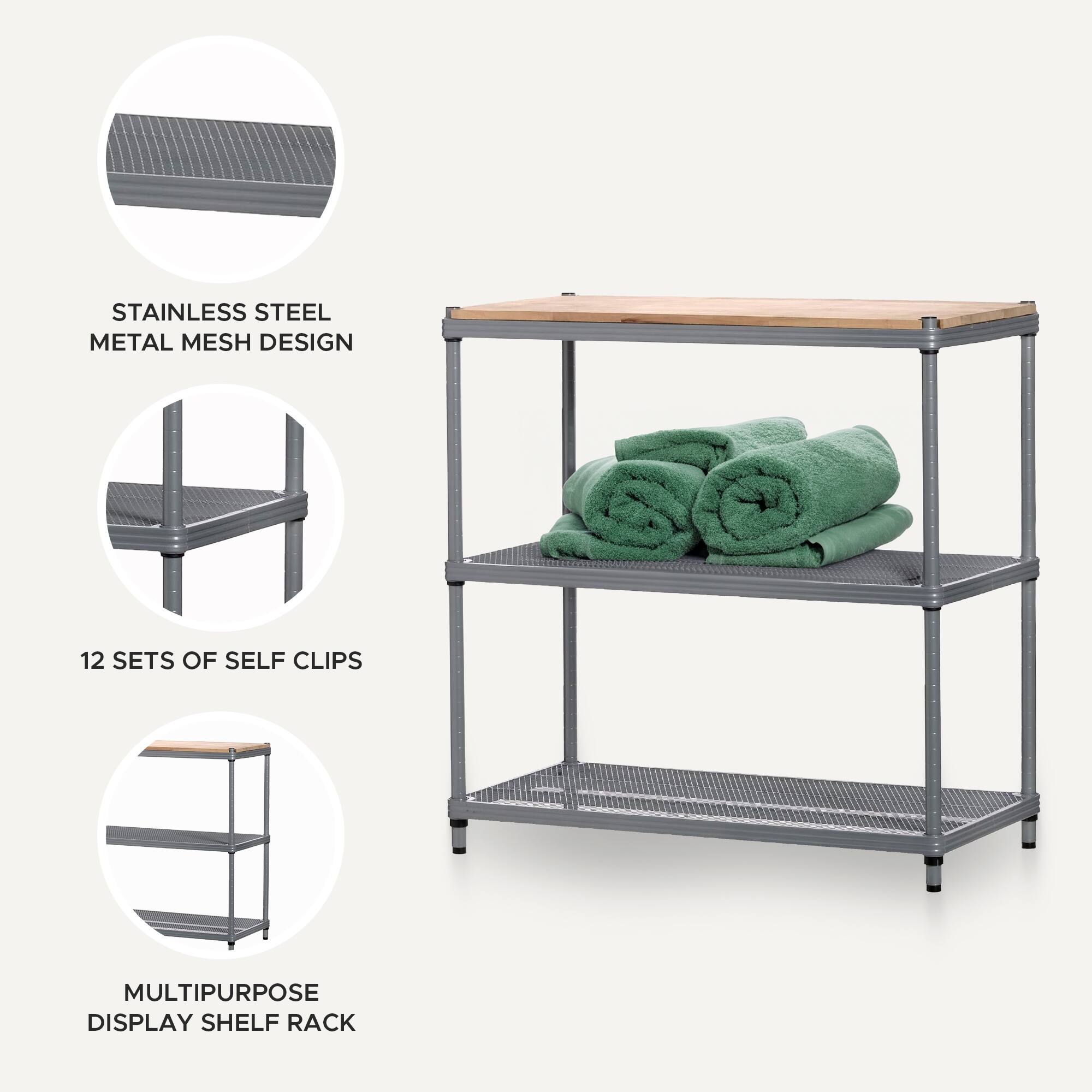 STAINLESS STEEL METAL MESH DESIGN  
12 SETS OF SELF CLIPS  
MULTIPURPOSE DISPLAY SHELF RACK