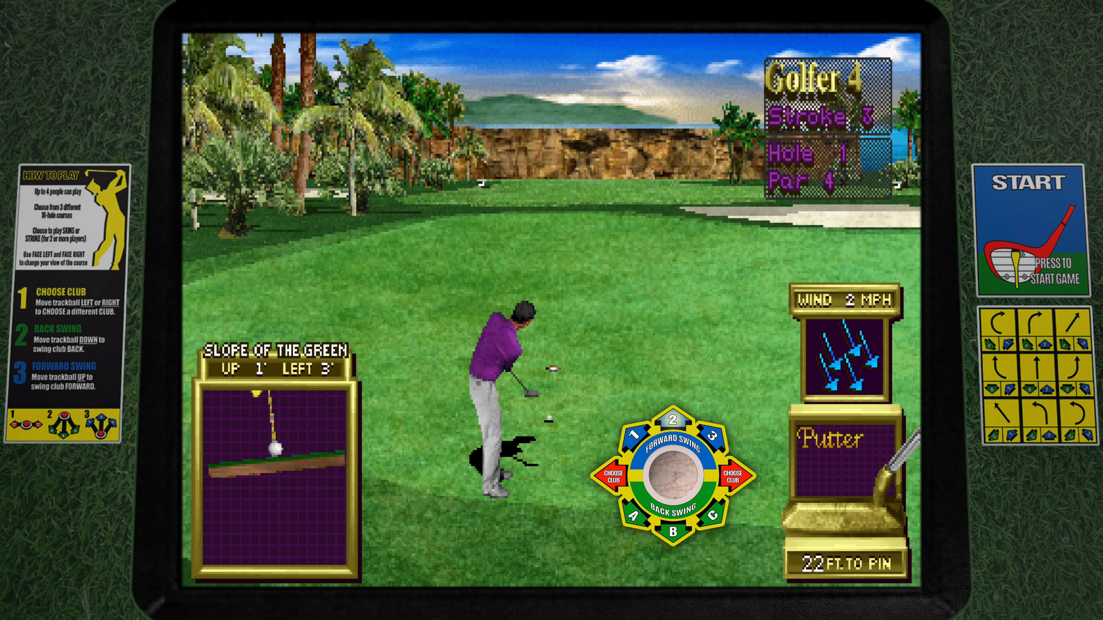 How to Play:

1. Choose a golfer: 4 Stroke, 3 Hole, 1 Par
2. Start: Press the "Start" button
3. Choose a different club: Move the trackball left or right to select a different club
4. Back swing: Move the trackball down to swing the club back
5. Forward swing: Move the trackball up to swing the club forward
6. Story of the green: Move the trackball left and right to navigate the golf course
7. Wind: Adjust the wind speed by pressing the "Wind" button
8. Press to start the game: Press the "Start" button to begin the game
9. Choose a club: Select a club to use during the game
10. Putter: Choose the putter to finish the game.