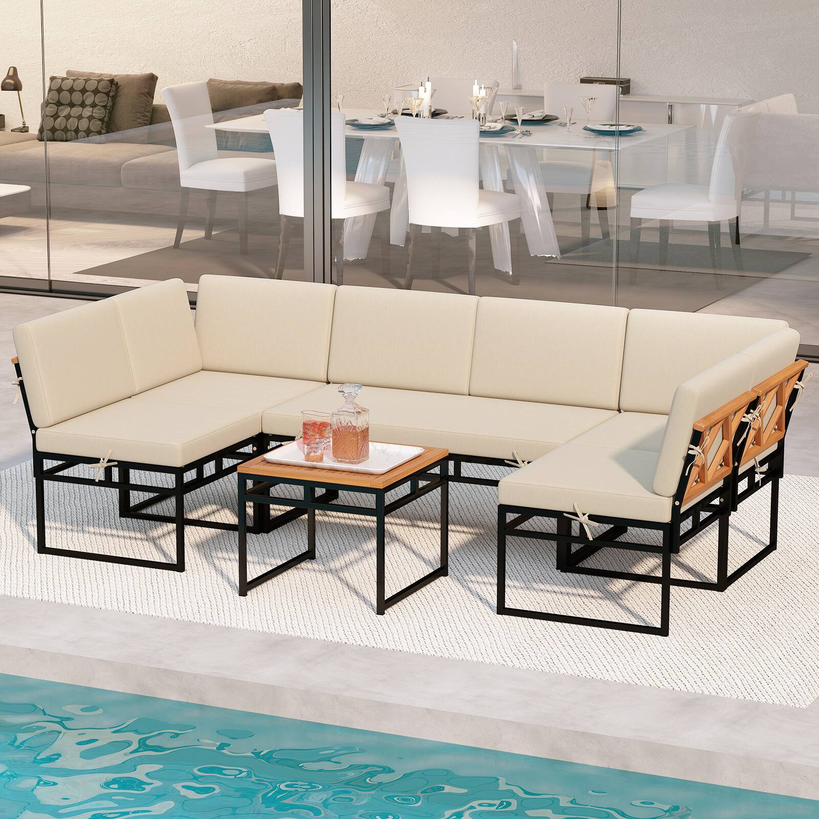 Alt View 3. Costway - Costway 6 PCS Outdoor Sectional Sofa Set Metal Conversation Set with Bungee Rope Seat - Beige.