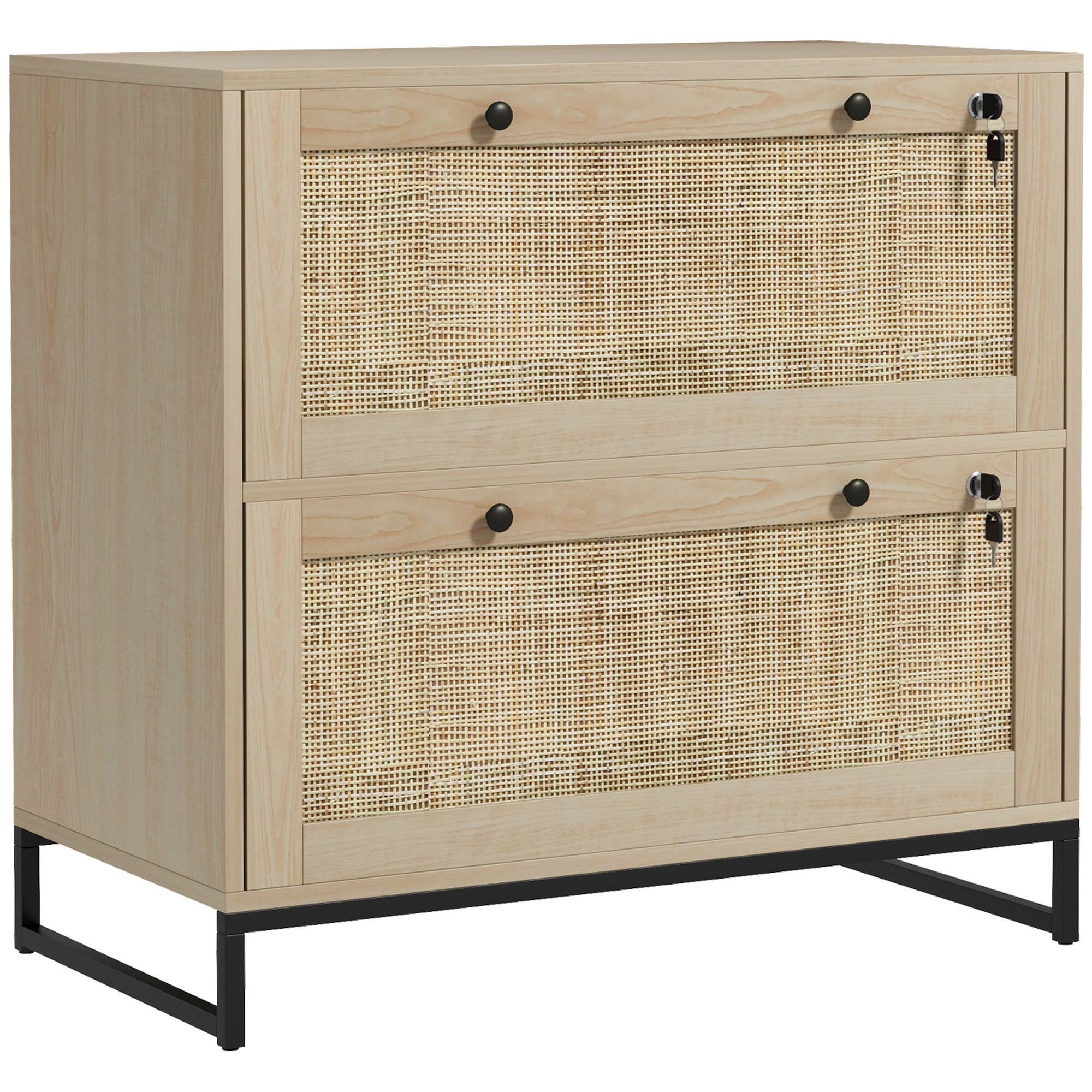 Front. Vinsetto - 2 Rattan Drawer File Cabinet with Lock, Lateral Filing Cabinet with Adjustable Hanging Bar for Letter.