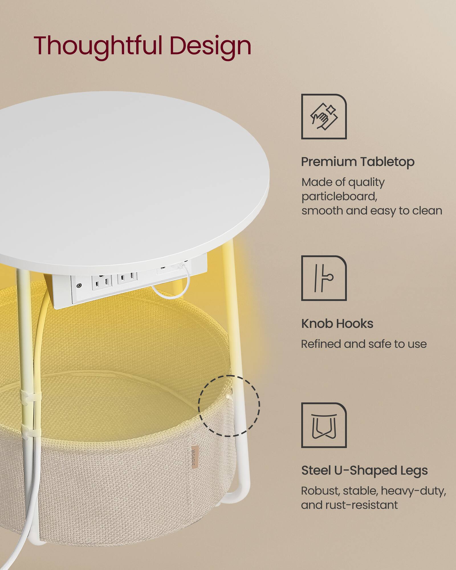 Thoughtful Design

Premium Tabletop  
Made of quality particleboard, smooth and easy to clean

Knob Hooks  
Refined and safe to use

Steel U-Shaped Legs  
Robust, stable, heavy-duty, and rust-resistant