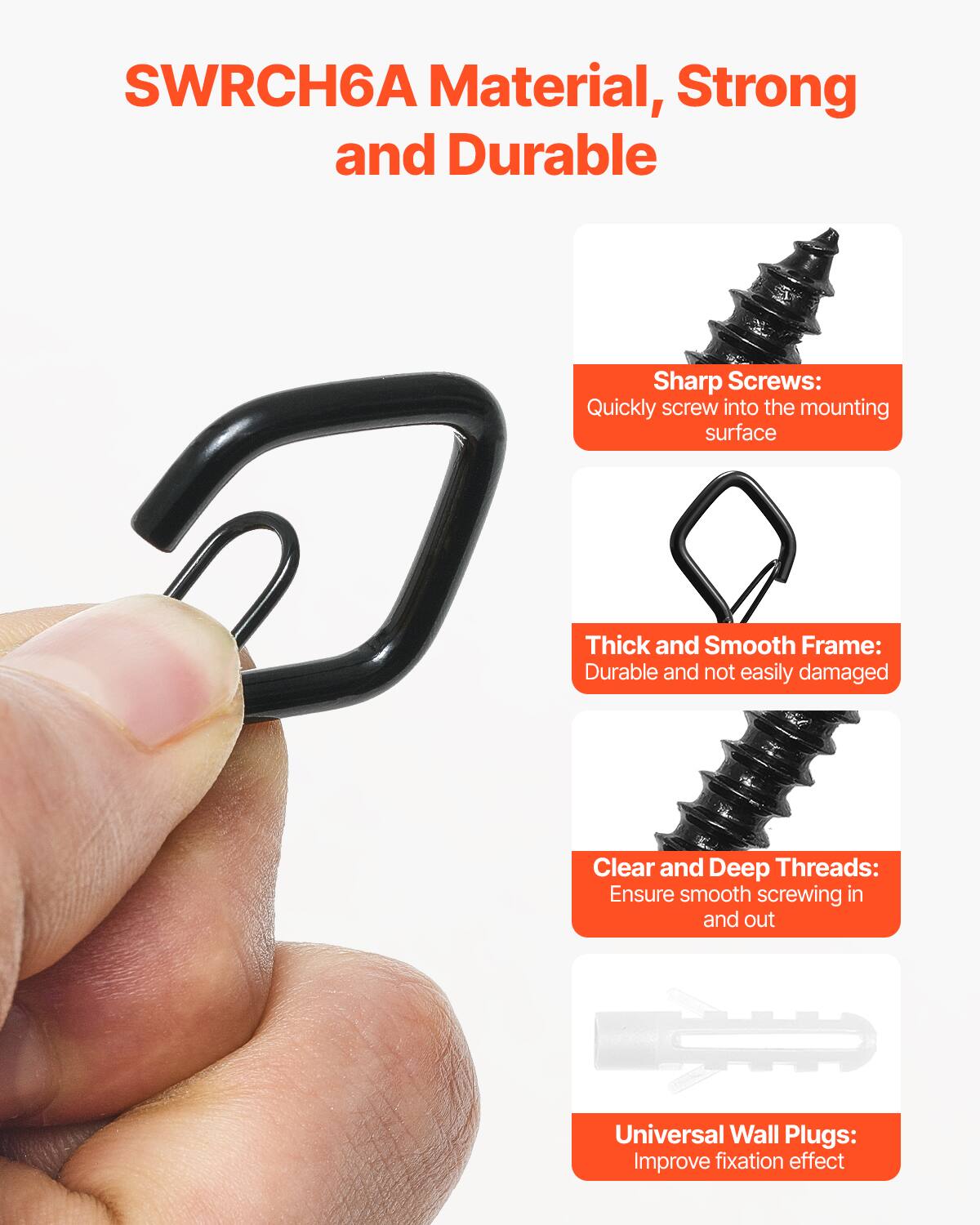 SWRCH6A Material, Strong and Durable

- Sharp Screws: Quickly screw into the mounting surface
- Thick and Smooth Frame: Durable and not easily damaged
- Clear and Deep Threads: Ensure smooth screwing in and out
- Universal Wall Plugs: Improve fixation effect