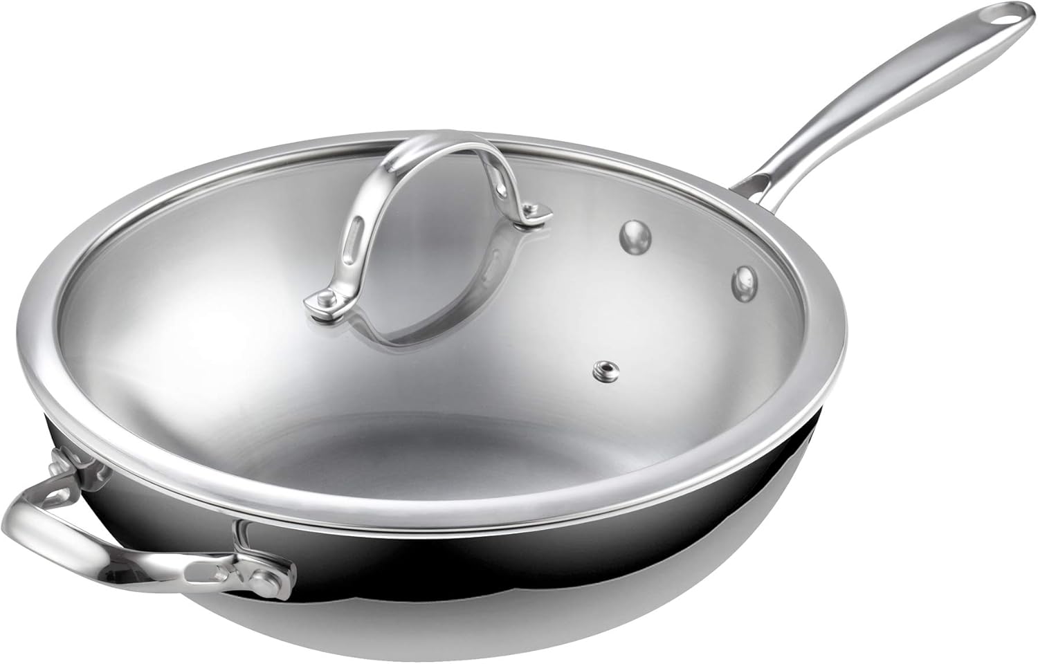 Alt View 2. Cooks Standard - Multi-Ply Clad 12 Inch Stainless Steel Wok Pan, Stir Fry Pan with Glass Lid, Induction ,Dishwasher & Oven Safe - stainless Steel.