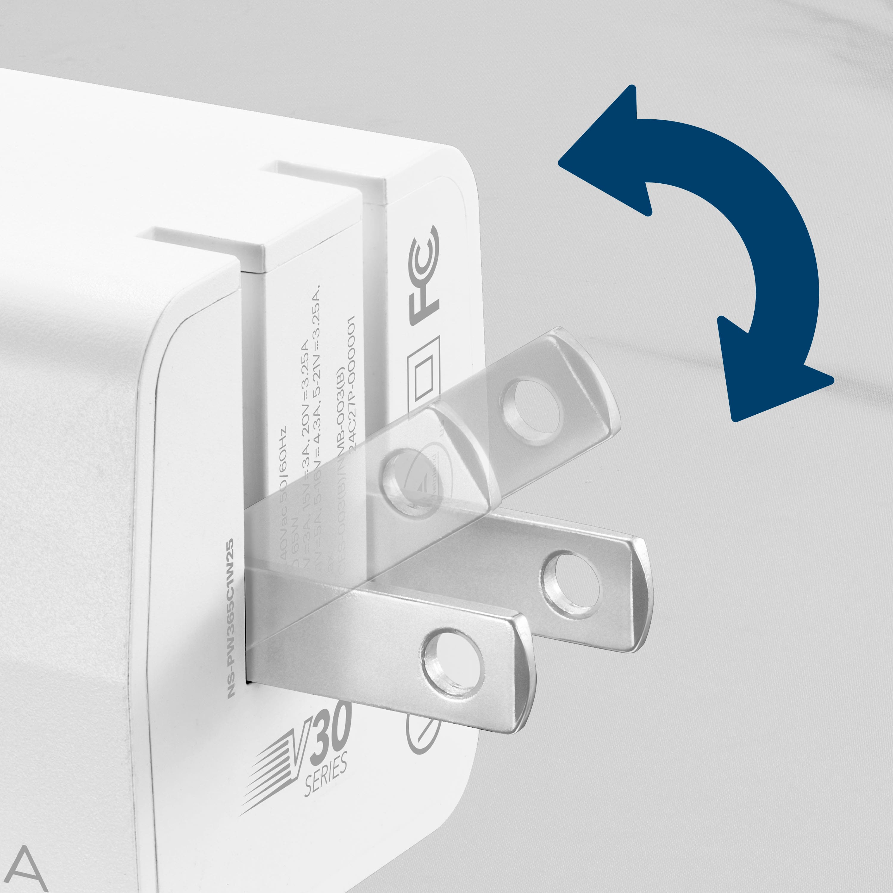 A white device with a blue arrow pointing to the plug-in area. The device is labeled with "NS-PW365C1W25 FC 20V=3.25A 5.21V53.25A, 4C27P-000001 20V 43A. 8-003() ACP 0/60HZ 19VE3A. ASN843A. ASVO 16003(8)/NMB-003(B) AOVBC 0 ANSS 7 3P SP IVSASAL : V30 SERIES."