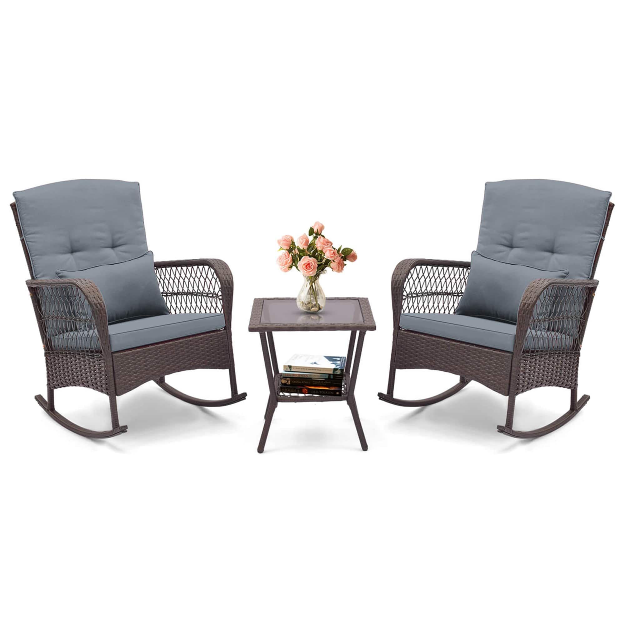 Front. Costway - 3 PCS Patio Rocker Set Outdoor Wicker Rocking Chairs with Double-Layer Coffee Table - Gray.