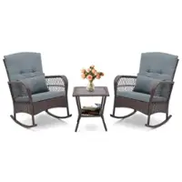 Costway 3 PCS Patio Rocker Set Outdoor Wicker Rocking Chairs with Double-Layer Coffee Table - Gray - Front_Zoom