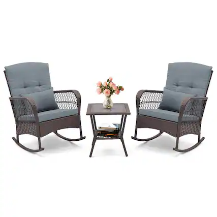 Front. Costway - 3 PCS Patio Rocker Set Outdoor Wicker Rocking Chairs with Double-Layer Coffee Table - Gray.