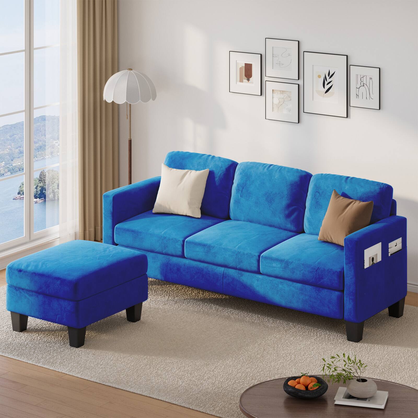 Angle. Pinmoco - PINMOCO - 67 inch Velvet L-Shaped Sofa Modular Sofa with Storage Reversible Ottoman Sectional Sofa for Small Space - Blue.