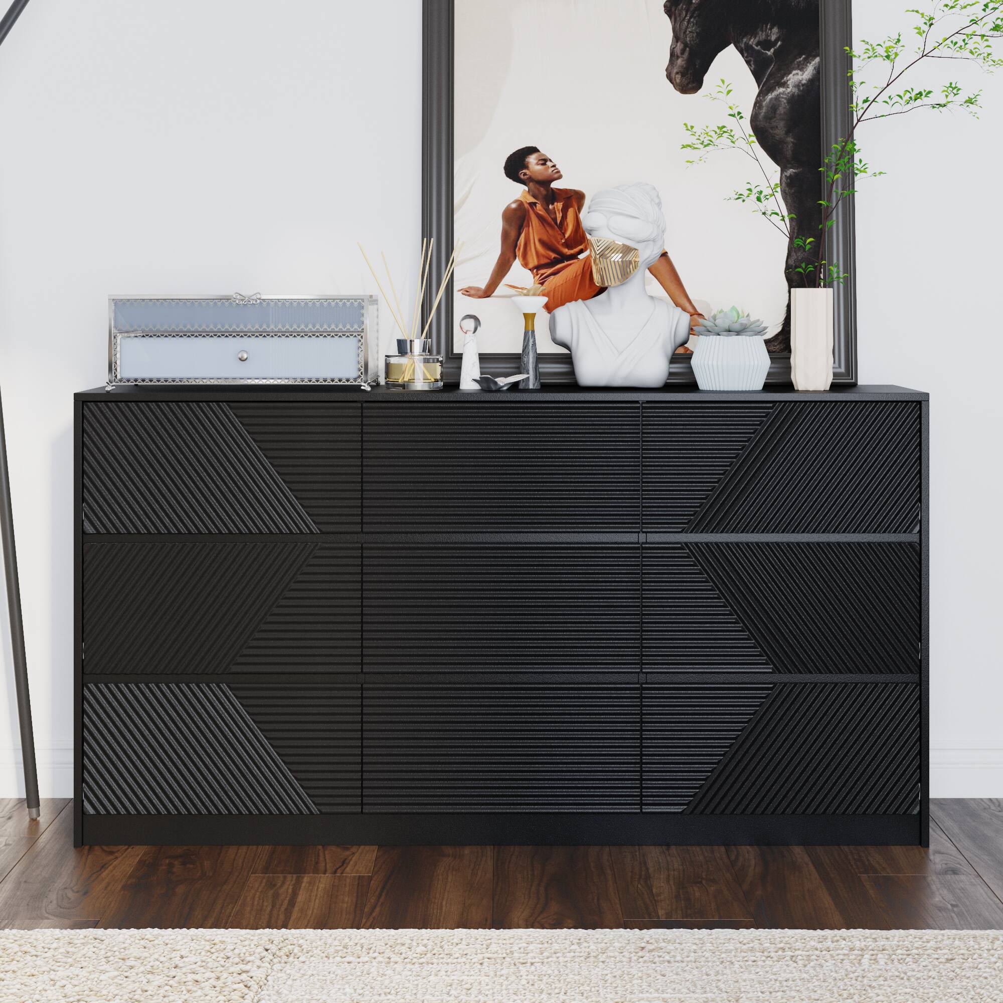 Alt View 2. Famapy - Famapy Textured 9 Drawers Dresser: Geometric Design & Anti - Tip Safety - Black.