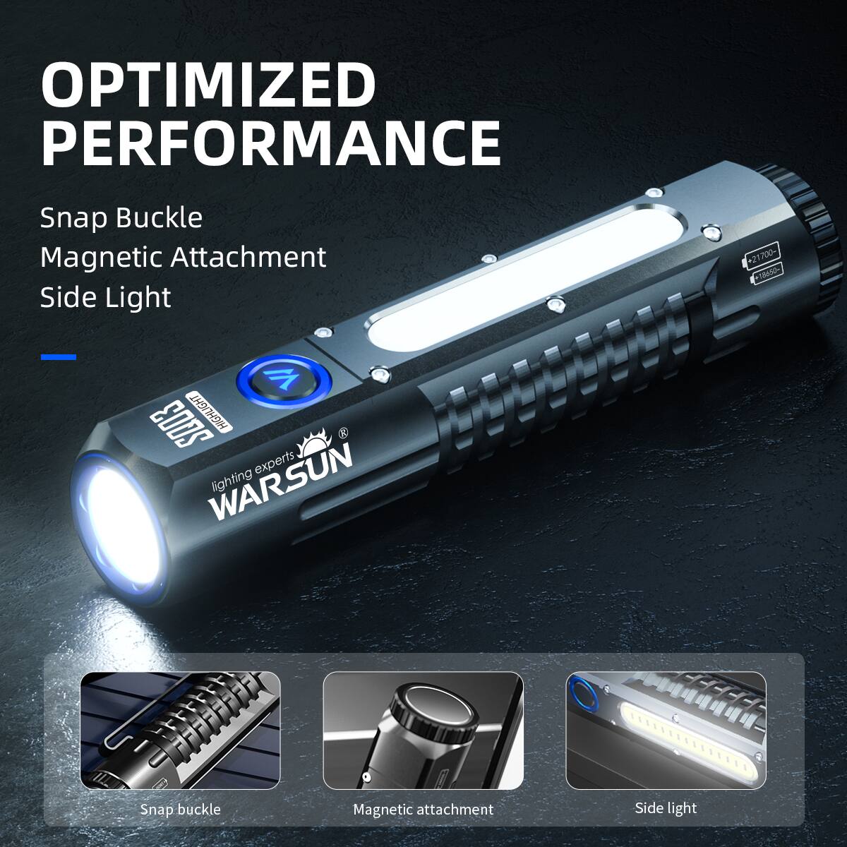 OPTIMIZED PERFORMANCE

Snap Buckle  
Magnetic Attachment  
Side Light

Snap buckle  
Magnetic attachment  
Side light

WAR SUN  
lighting experts