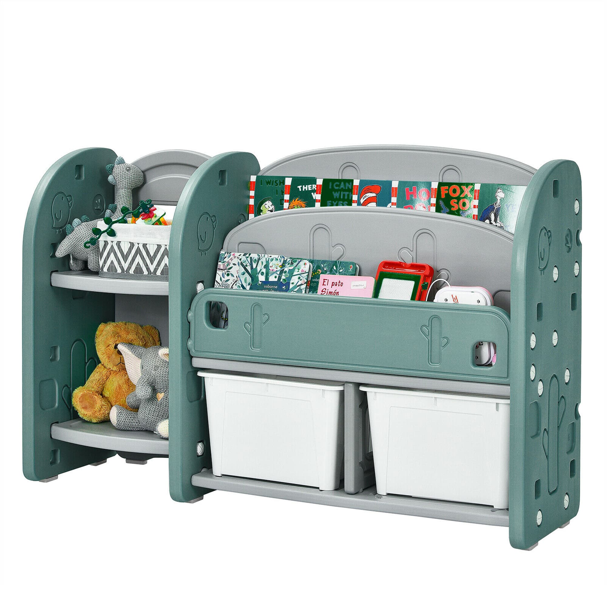 Gymax - Kids Toy Storage Organizer w/ 2-Tier Bookshelf & Plastic Bins - Green