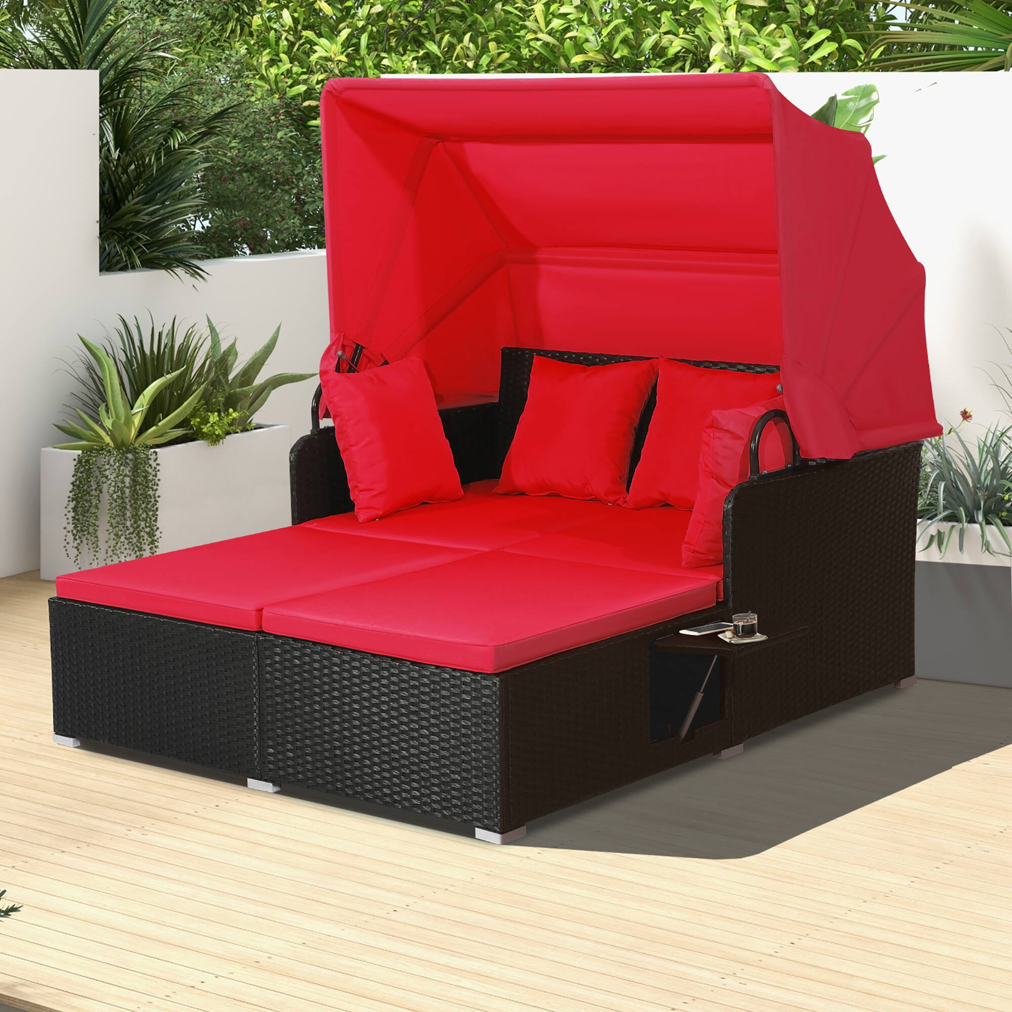 Alt View 2. Costway - Patio Rattan Daybed Lounge Retractable Top Canopy Side Tables Cushions - Red.
