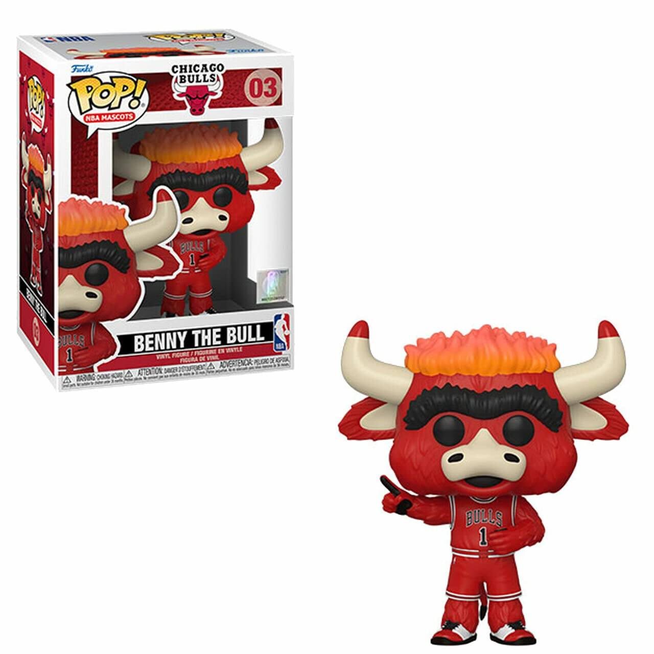 Funko  
POP!  
NBA Mascots  

CHICAGO BULLS  
03  

BENNY THE BULL  

BULLS 1  

WARNING: CHOKING HAZARD - Small parts. Not for children under 3 years.  
ATTENTION: RISQUE DE SOUFFOCATION - Petits pièces. Ne convient pas aux enfants de moins de 3 ans.  
ADVERTENCIA: RIESGO DE AHOGO - Piezas pequeñas. No es adecuado para niños menores de 3 años.