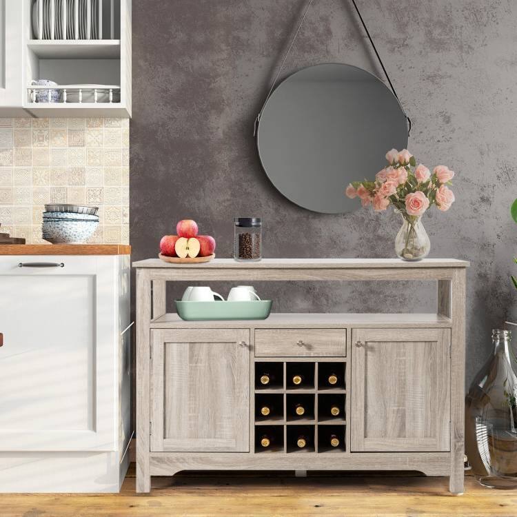 Angle. Hivvago - Grey Wood Sideboard Buffet Server Cabinet with Wine Rack and Storage Shelf - Natural.