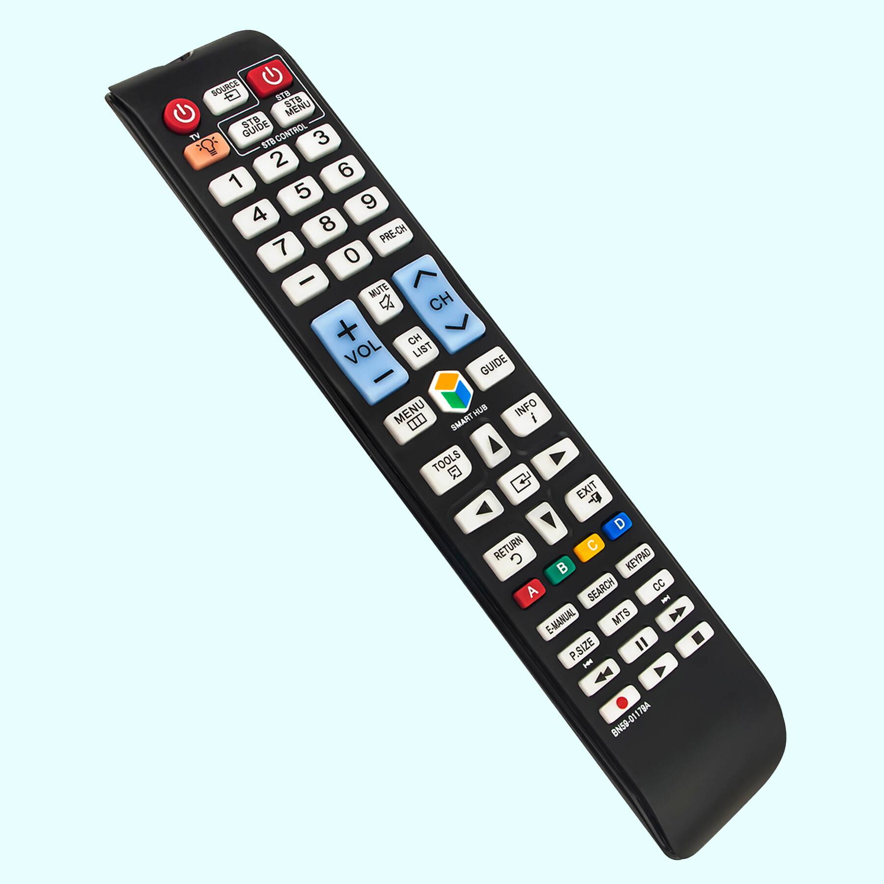 Sure, here is the corrected and grouped text from the image:

---

**Top Section:**
- TV
- STB GUIDE
- STB CONTROL
- 3
- 2
- 6
- 1
- 5
- 9
- 4
- 8
- PRE-CH
- 7
- 0
- MUTE
- CH +
- CH -
- VOL +
- VOL -
- LIST
- GUIDE
- MENU
- HUB
- INFO

**Middle Section:**
- SMART TOOLS
- G
- EXIT
- 1
- V
- D
- RETURN
- C
- KEYPAD
- A
- SEARCH
- CC
- E-MANUAL
- MTS
- P.SIZE
- P.E
- 44
- 7BA
- 0
- BN59-41

---

This text corresponds to the labels and buttons on the remote control.