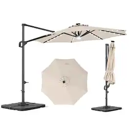 Costway - 10 FT Cantilever Patio Umbrella with 35 Solar LED Lights 220 LBS Base 360° Rotation - Beige + Black