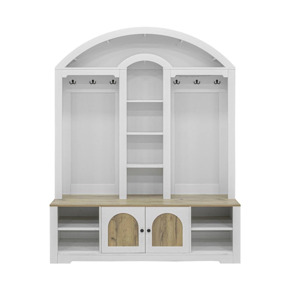 Alt View 6. Loheer - Loheer Curved Entrance Wardrobe Hall Tree With Shoe Bench Two-Tone 59-Inch - White and Walnut.