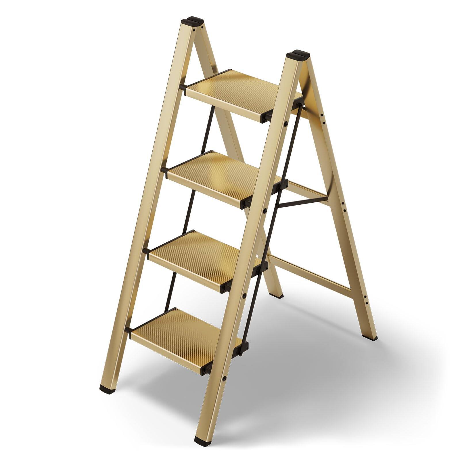 Alchemy Casas - Stool Aluminum Foldable Ladder Lightweight Stable With Wide Non slip Pedals Bearing Capacity For Office Home K - Gold