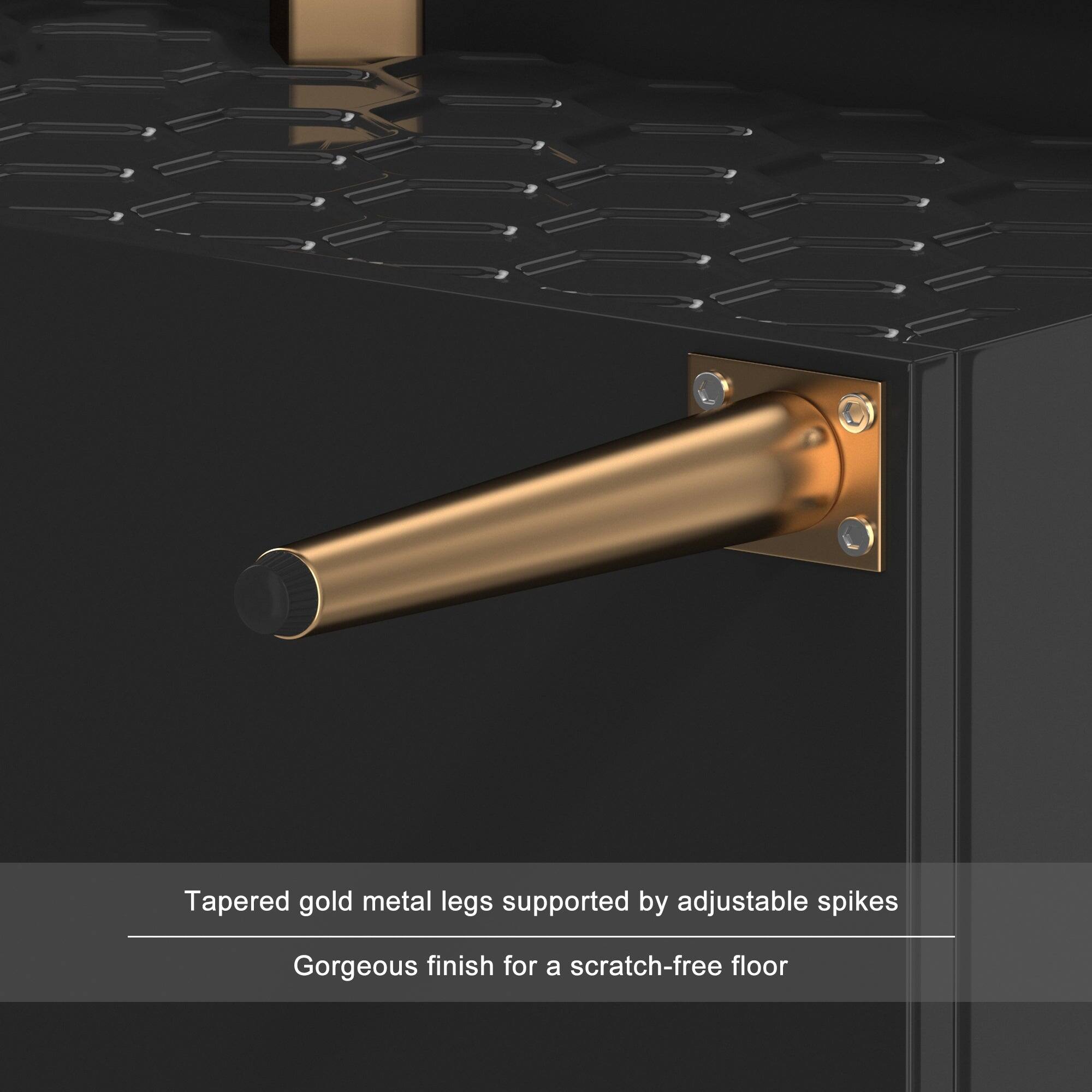 Tapered gold metal legs supported by adjustable spikes  
Gorgeous finish for a scratch-free floor