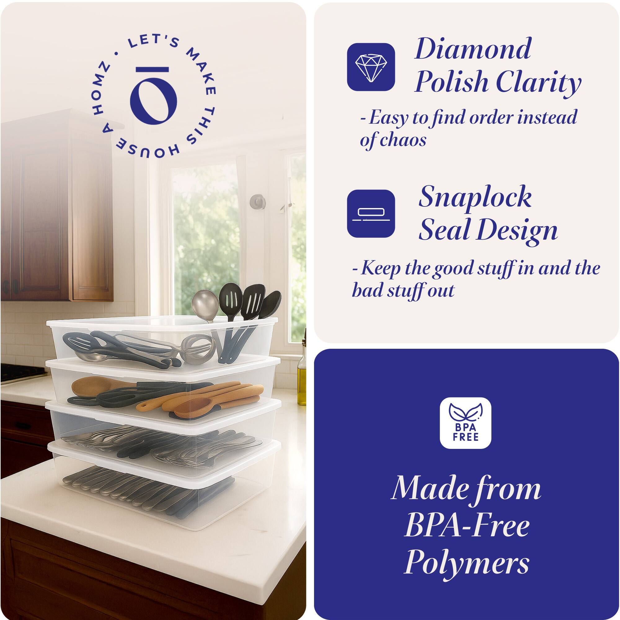 LET'S MAKE THIS HOUSE HOMZ

- Diamond Polish Clarity
  - Easy to find order instead of chaos

- Snaplock Seal Design
  - Keep the good stuff in and the bad stuff out

- Made from BPA-Free Polymers