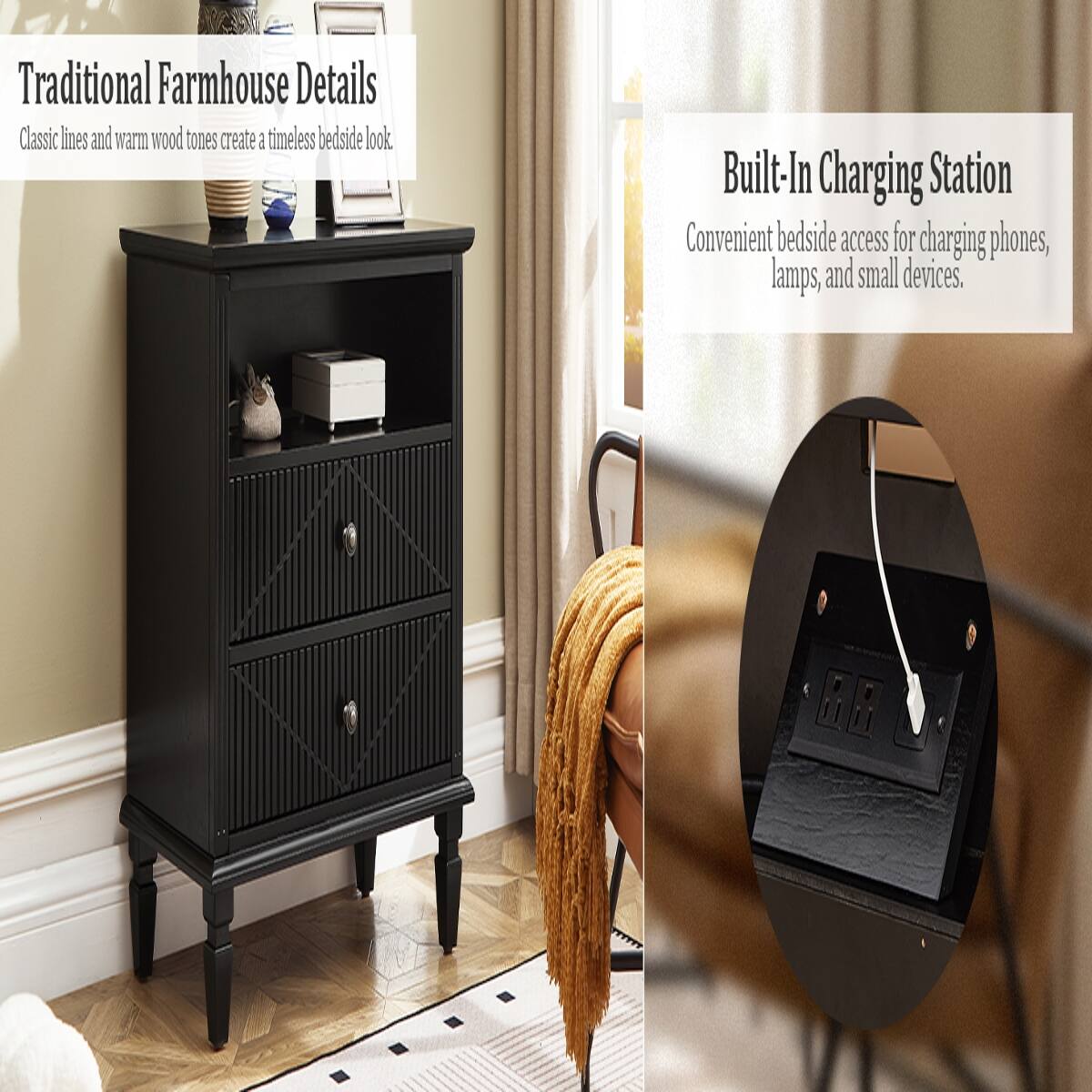 Traditional Farmhouse Details  
Classic lines and warm wood tones create a timeless bedside look.

Built-In Charging Station  
Convenient bedside access for charging phones, lamps, and small devices.