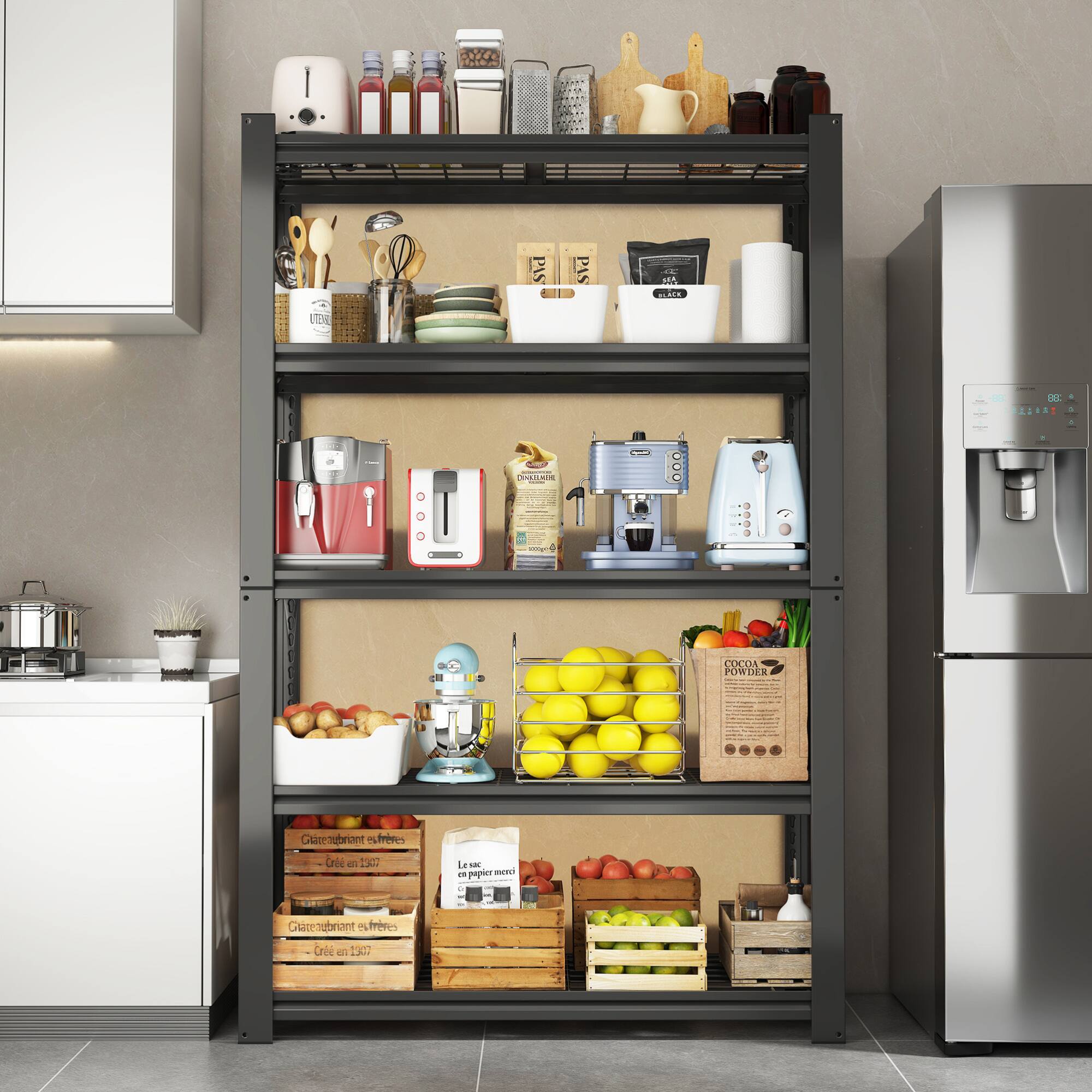 Sure, here is the corrected and grouped text from the image:

**Top Shelf:**
- "PIS" (appears twice)
- "BLACK"

**Second Shelf:**
- "UTENSILS"

**Third Shelf:**
- "COCOA POWDER"

**Fourth Shelf:**
- "Ciracutant et étrives"
- "Créé en 1937"
- "Le sac en papier mécanique"
- "Créé en 1937"

**Bottom Shelf:**
- "Ciracutant et étrives"
- "Créé en 1937"

**Additional Text:**
- "Svd PAS : LOE - : i I I 0.. - COCO PONIDES Calenubrinnt eutrves Crile a E Le - - papier 1 mn subriant T trres -Cre a 1307" (This text appears to be a mix of unrelated words and may not be part of the image's intended message.)

The text seems to be a mix of product labels and possibly a nonsensical string of characters. The corrected and grouped text focuses on the readable and relevant parts.