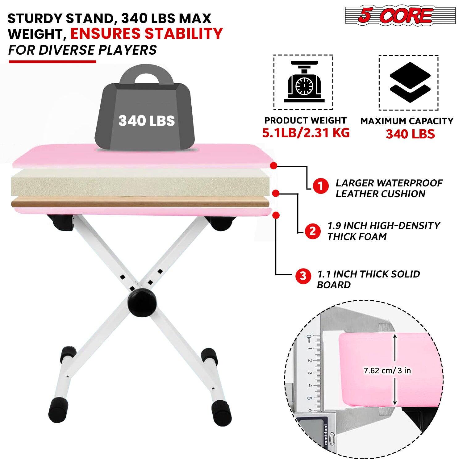 STURDY STAND, 340 LBS MAX WEIGHT, ENSURES STABILITY FOR DIVERSE PLAYERS
5 CORE
PRODUCT WEIGHT 5.1LB/2.31 KG
MAXIMUM CAPACITY 340 LBS
1 LARGER WATERPROOF LEATHER CUSHION
2 1.9 INCH HIGH-DENSITY THICK FOAM
3 1.1 INCH THICK SOLID BOARD
7.62 cm/3 in