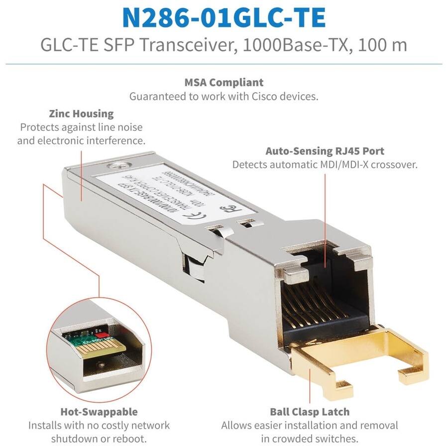 N286-01GLC-TE  
GLC-TE SFP Transceiver, 1000Base-TX, 100 m  

MSA Compliant  
Guaranteed to work with Cisco devices.  

Zinc Housing  
Protects against line noise and electronic interference.  

Auto-Sensing RJ45 Port  
Detects automatic MDI/MDI-X crossover.  

Hot-Swappable  
Installs with no costly network shutdown or reboot.  

Ball Clasp Latch  
Allows easier installation and removal in crowded switches.