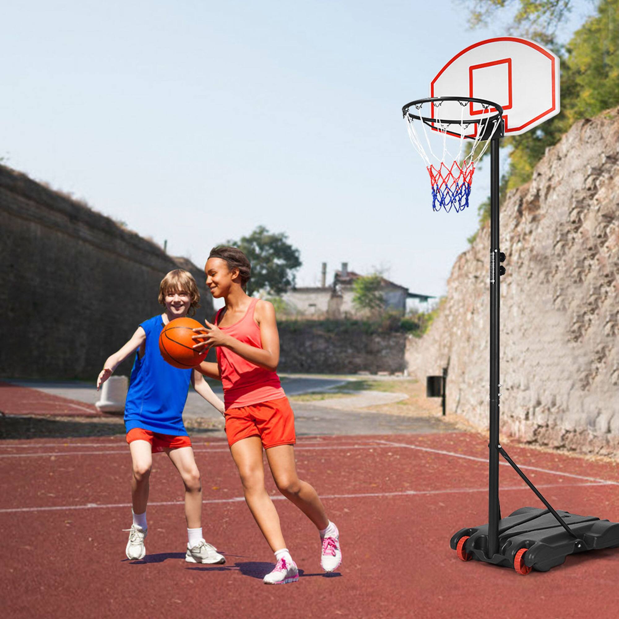 Alt View 3. Gymax - Gymax Basketball System Hoop Stand Backboard w/ Adjustable Height Wheels & 2 Nets - Black.
