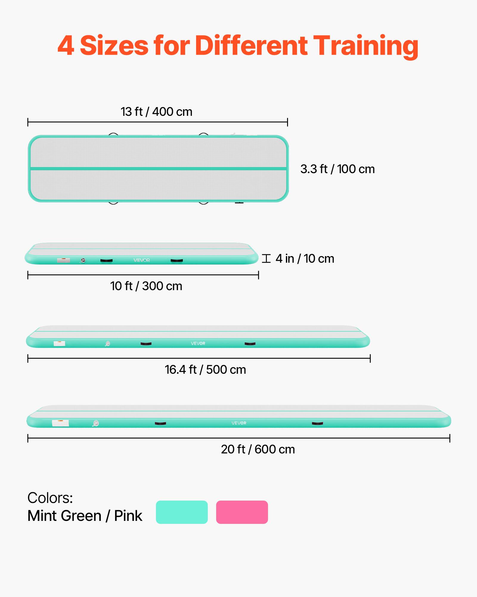 4 Sizes for Different Training

13 ft / 400 cm
3.3 ft / 100 cm
10 ft / 300 cm
16.4 ft / 500 cm
20 ft / 600 cm

Colors: Mint Green / Pink