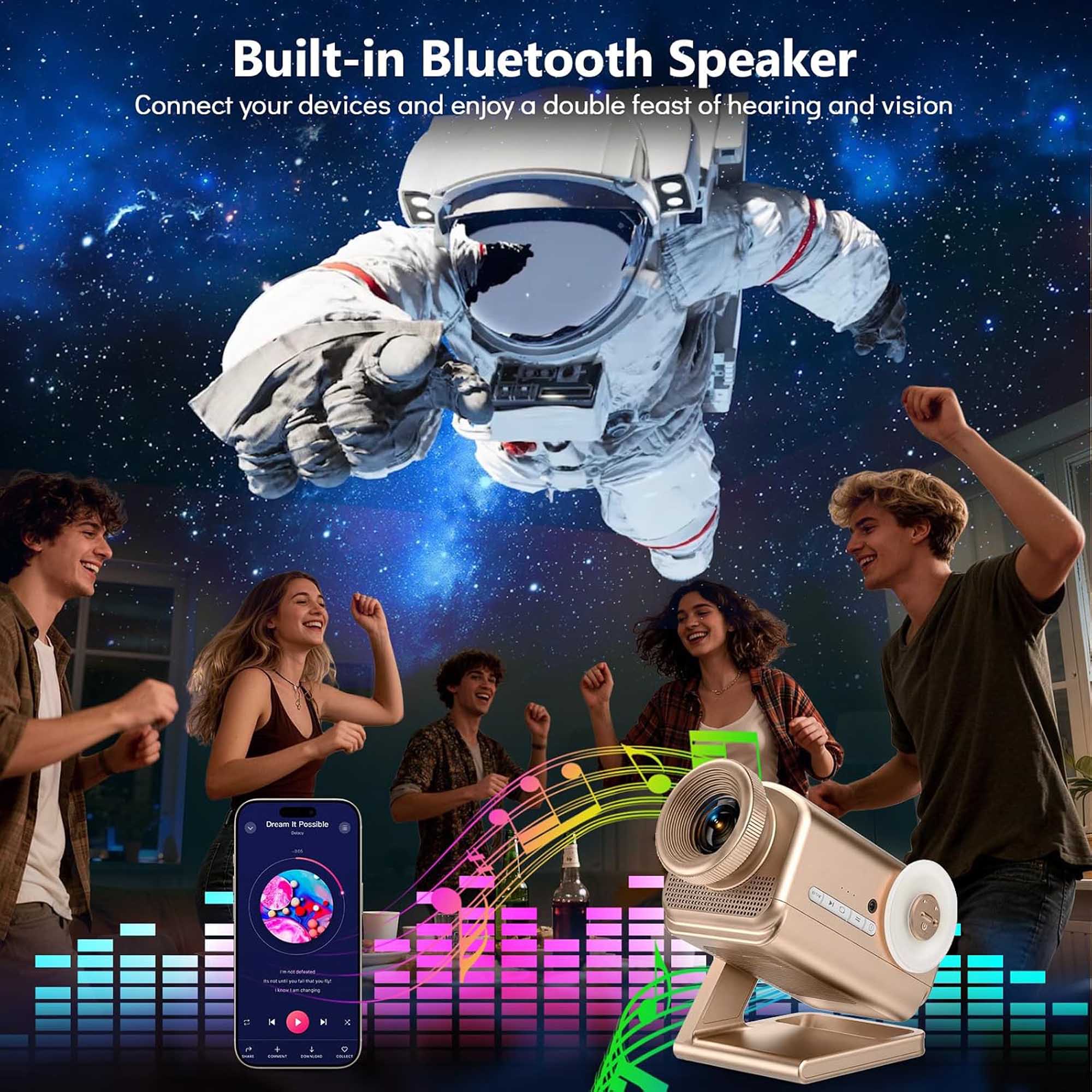 Built-in Bluetooth Speaker  
Connect your devices and enjoy a double feast of hearing and vision  

Dream! Possible -  
MOTAL  
CONNECTION  

Contain with parte-fal - ~ --  
Sapp www.factions C  
K  
4  
H  
X  

+ COMMENT  
:  - COMICS