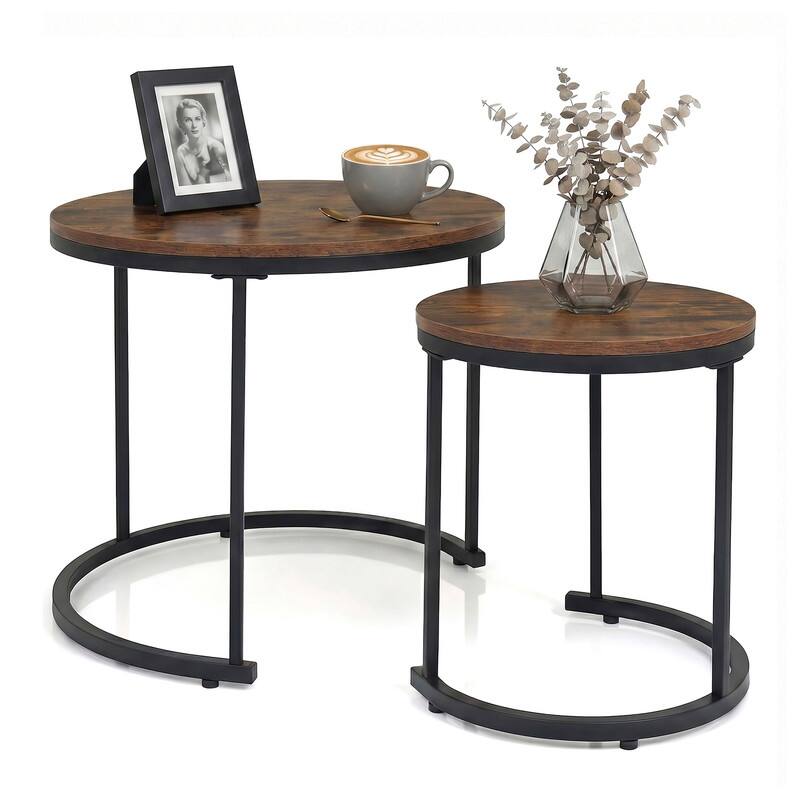 Alt View 3. WELLFOR - Modern Nesting Coffee Table Set of 2, 24 in Round Coffee Table for Small Place, End Side Tables Night Stand - Rustic Brown.
