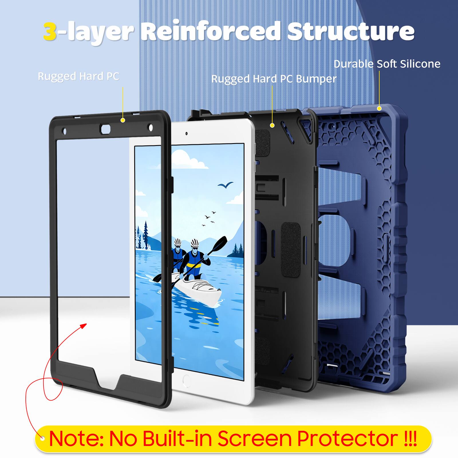 3-layer Reinforced Structure  
Durable Soft Silicone  
Rugged Hard PC Bumper  

Note: No Built-in Screen Protector !!!