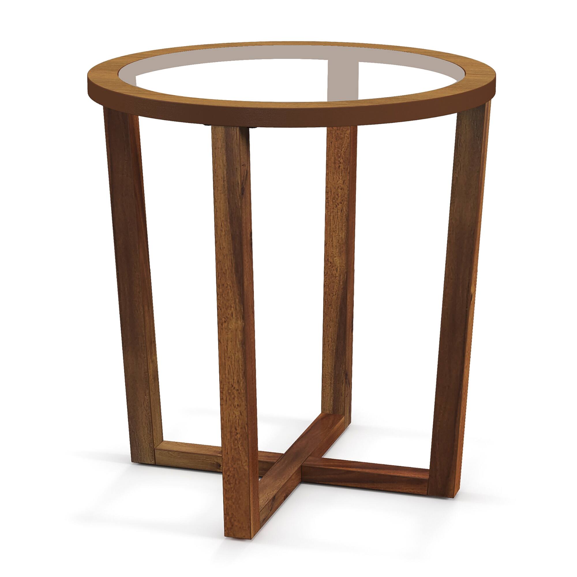 Alt View 9. Gymax - Gymax Modern Round End Table w/ Transparent Tempered Glass Top Solid Acacia Wood Legs - Brown.