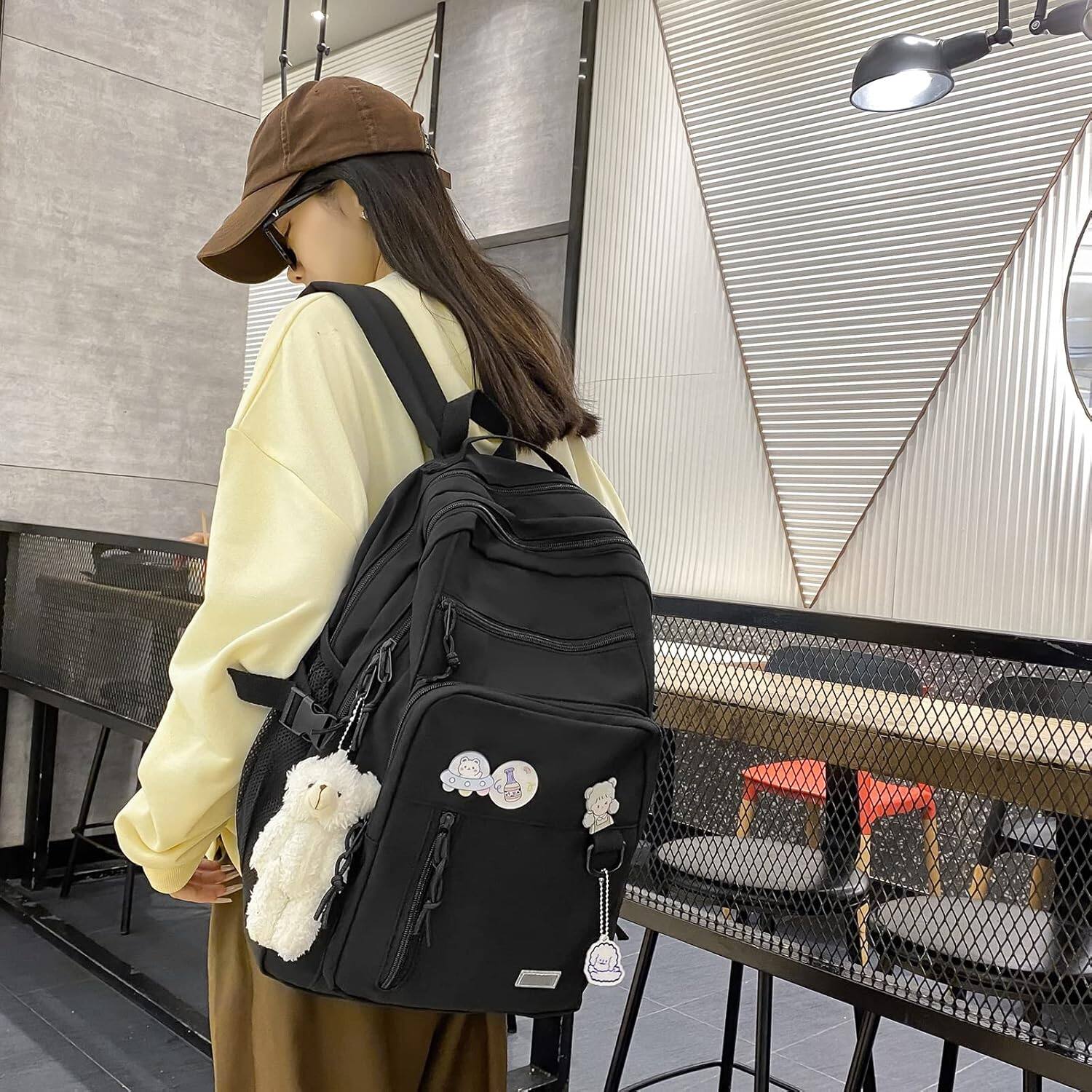 Angle. Acteck - Cute Aesthetic Backpack for School Middle Student Travel Black Backpack Teens Girls Bear Pin Book Bags - Black.