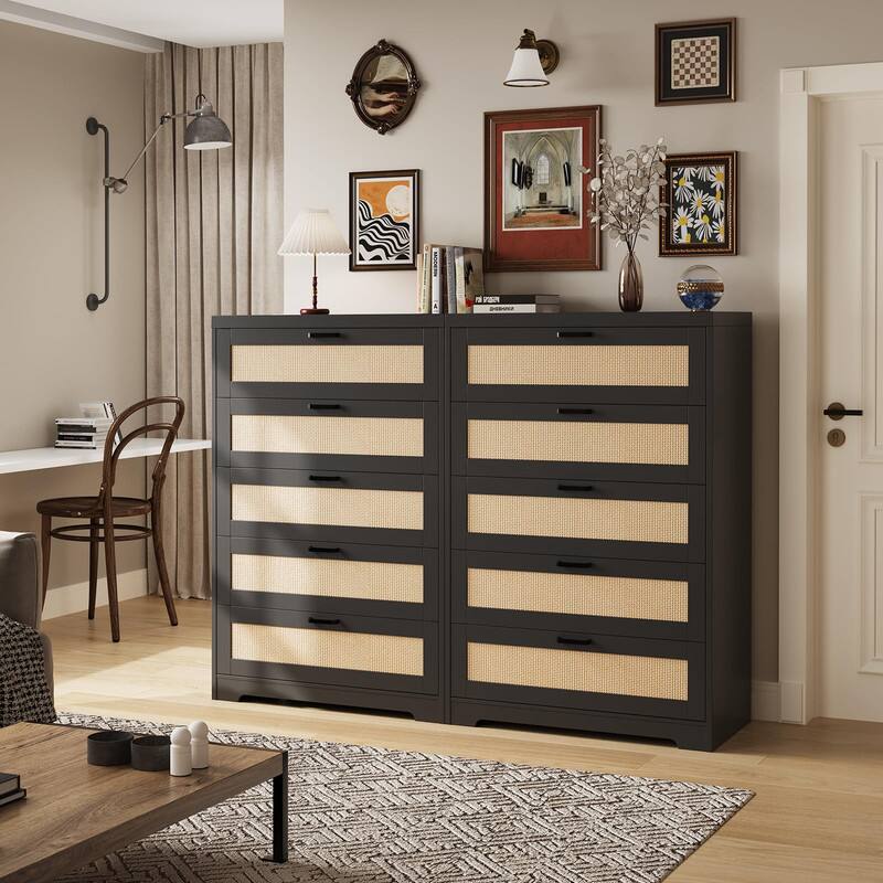 Back. GARVEE - 5 Drawer Wooden Dresser, Modern Rattan Chest with Wide Top, Tall Organizer for Bedroom, Living Room, Black - Black.