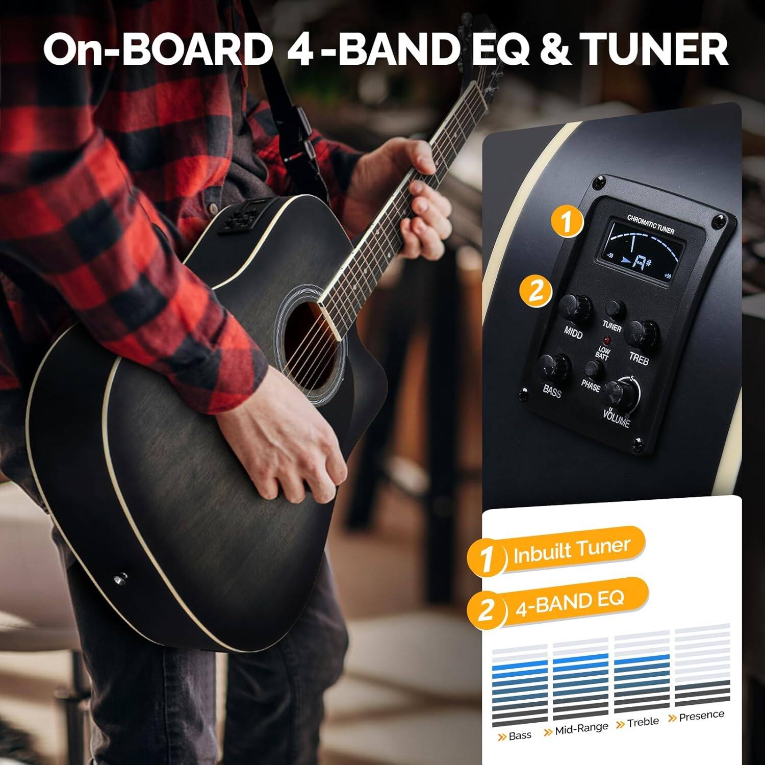 On-BOARD 4-BAND EQ & TUNER

1. Inbuilt Tuner
2. 4-BAND EQ

- Bass
- Mid-Range
- Treble
- Presence