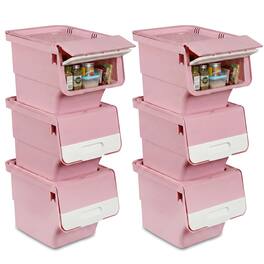 Costway - 6PCS Storage Bins on Wheels with Stay-Open Lid for Kitchen Bedroom Laundry Closet - White + Pink