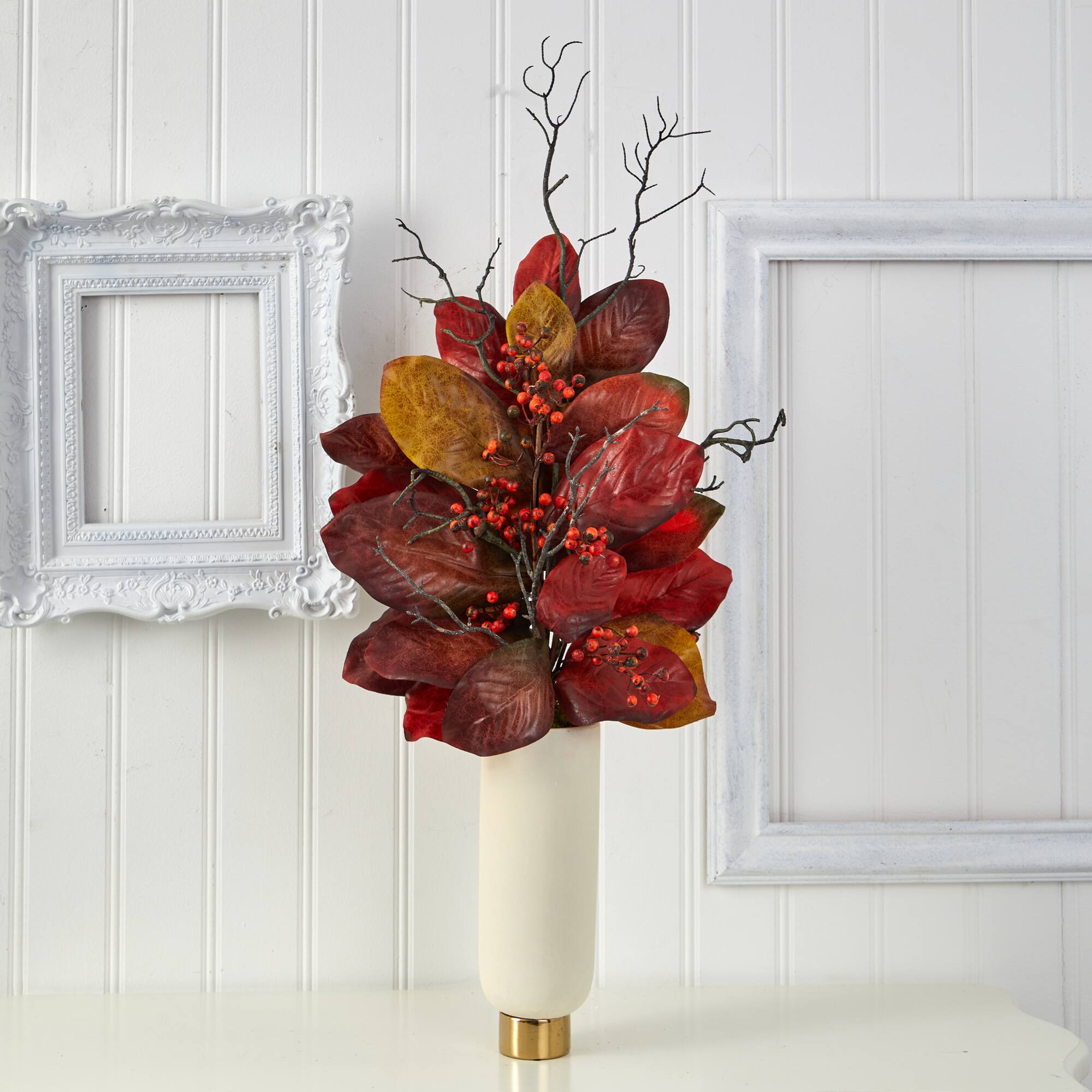 Left. BreeBe - 38" Autumn Magnolia w/ Berries Plant in Planter - Green.