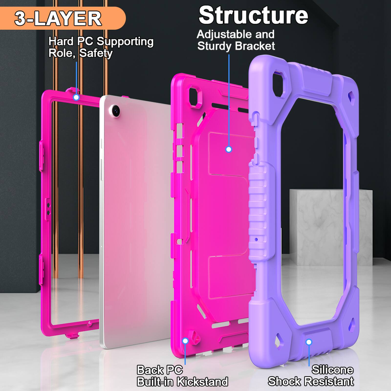 3-LAYER Structure Adjustable and Sturdy Bracket

- Hard PC Supporting Role, Safety
- Back PC Built-in Kickstand
- Silicone Shock Resistant