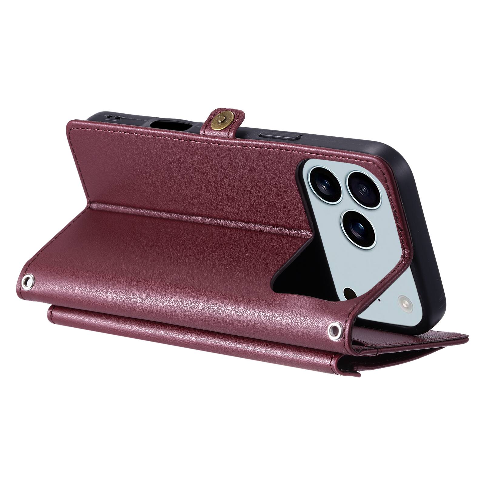 Alt View 4. Dteck - Foilo Wallet Case for Apple iPhone 17 Pro,Shockproof Card Holder PU Leather Magnetic Snap Phone Cover with Lanyard - Winered.