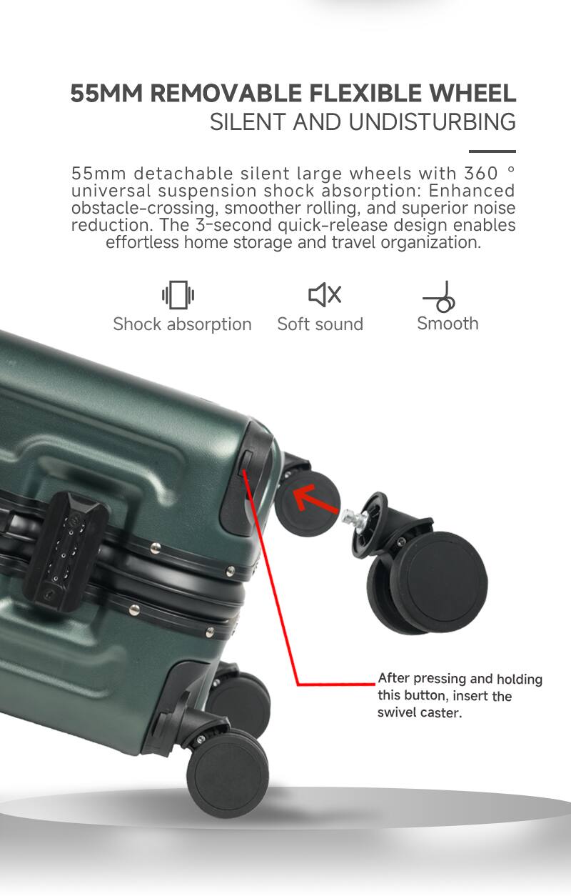 55MM REMOVABLE FLEXIBLE WHEEL SILENT AND UNDISTURBING

55mm detachable silent large wheels with 360° universal suspension shock absorption: Enhanced obstacle-crossing, smoother rolling, and superior noise reduction. The 3-second quick-release design enables effortless home storage and travel organization.

- Shock absorption
- Soft sound
- Smooth

After pressing and holding this button, insert the swivel caster.